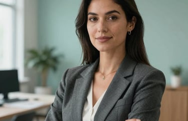 A portrait of a North American woman in a professional charcoal blazer, looking confident in a bright, contemporary workspace with muted teal decor.