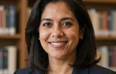 A professional portrait of a North American woman with a friendly smile, set in a professional library environment with soft lighting.
