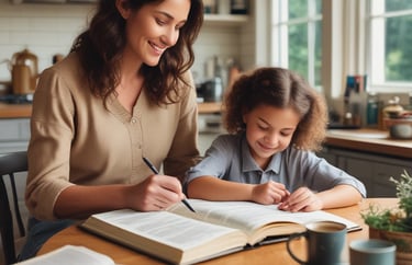 A group of parents and children sharing stories and laughter in a faith-based homeschool setting.