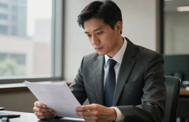 A photograph of a male legal advocate in a North American urban office setting, looking focused while reviewing files, soft natural light coming from a nearby window.