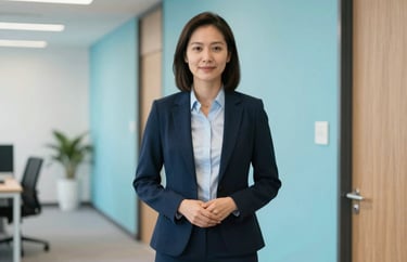 A professional portrait of a legal policy director in business casual attire standing in a brightly lit, modern North American office hallway with a Celadon Blue accent wall.