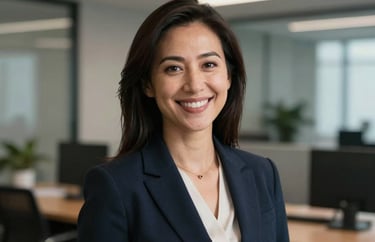A professional headshot of a female lead attorney in a North American corporate setting, wearing a dark navy blazer, smiling warmly with a blurred office background.