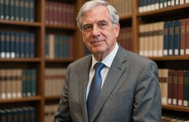 A candid photograph of a senior legal counsel in a US law library, surrounded by bookshelves, wearing a professional grey suit and looking approachable.