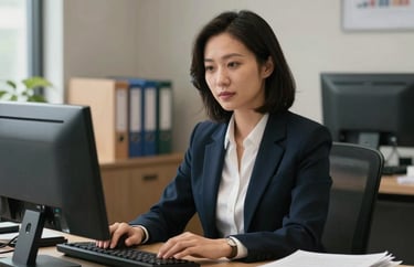 A portrait of a professional paralegal in a North American law office, sitting at a desk with a computer and organized folders, looking helpful.