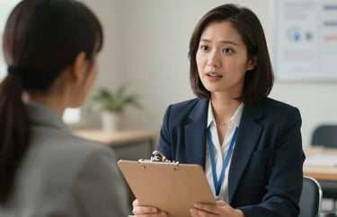 A photo of a case manager in a North American social service setting, holding a clipboard and talking to someone off-camera with an empathetic expression.