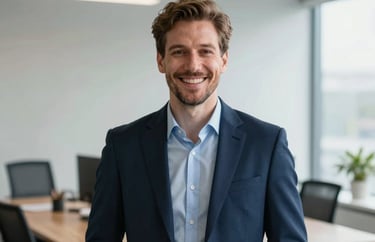 A portrait of a male specialist in a professional Danish office, dressed in a navy blue suit, smiling empathetically towards the camera, with natural light and a clean, expert atmosphere.