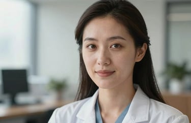 A professional portrait of a female specialist, focusing on eye contact and a reassuring expression, set against a blurred office backdrop with soft natural lighting.