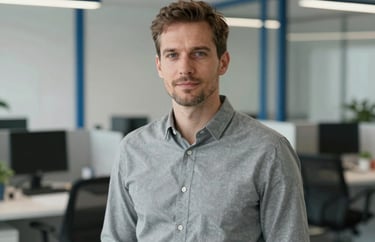 A professional portrait of a specialist in a Northern European office setting, wearing professional attire in soft gray, with a blurred background showing a clean, modern workspace with steel blue accents.