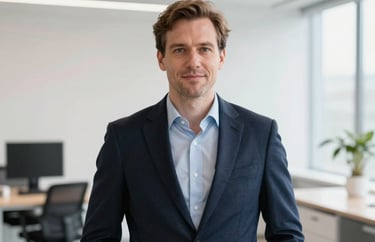 A portrait of a male consultant in a bright, modern Danish office, conveying authority and calmness, using a professional color palette of navy and soft white.