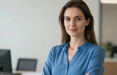 A portrait of a female consultant in a Northern European professional environment, wearing a steel blue blouse, looking confident and approachable, soft lighting, clean composition.