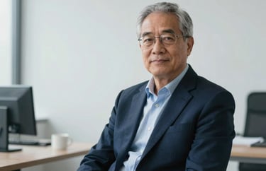 A professional portrait of a senior consultant in a minimalist office, with soft lighting and a focus on reliability and expertise, using a palette of soft white and deep navy blue.