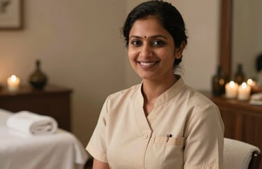 Portrait of a professional South Asian spa therapist in a clean, elegant beige uniform, smiling warmly in a luxury wellness center.