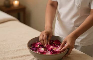 Portrait of a female South Asian spa therapist preparing a bowl of rose petals and water in a tranquil beige wellness room.