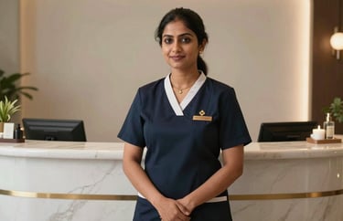 Portrait of a female South Asian spa manager in professional attire standing in front of an elegant, modern wellness reception desk.