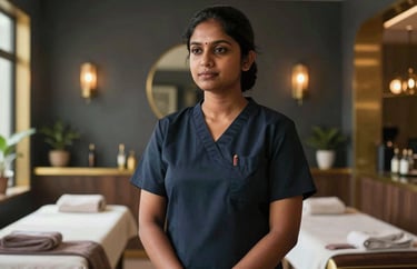 Portrait of a calm South Asian wellness professional standing in a sunlit spa lobby with gold accents and dark charcoal decor.