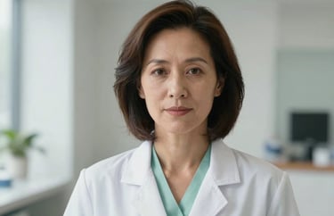 Professional headshot of a female physician in her 40s, wearing a white coat over a light green shirt, in a bright North American clinic setting.