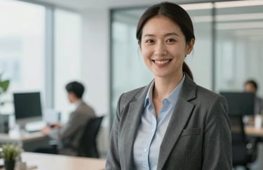 Professional portrait of a healthcare administrator in a bright, modern North American office, wearing professional attire and smiling warmly.