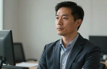 Headshot of a mindfulness coach in a soft-lit, serene North American office, conveying calm, professional expertise and empathy.