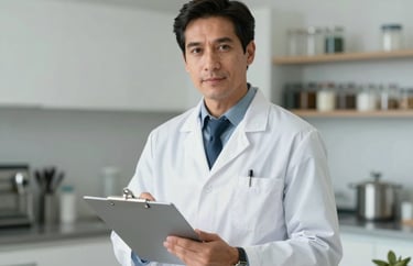 Professional portrait of a male nutritionist in a bright, modern clinic kitchen, wearing professional attire and holding a clipboard.