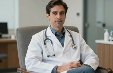 Portrait of a male clinical therapist in a professional North American medical office, sitting comfortably in a modern armchair with soft lighting.