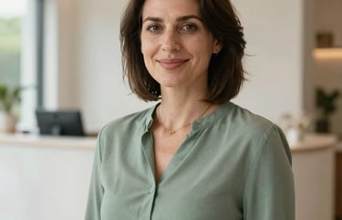 A professional portrait of a woman with a kind expression, wearing a sage green blouse, standing in a bright, modern reception area of a lifestyle village.