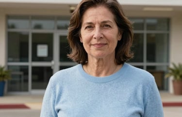 A professional portrait of a woman in her 50s with a kind, trustworthy face, wearing a pale blue sweater and standing in front of a community clubhouse.