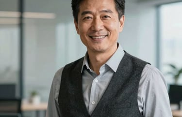 A professional portrait of a man in his 50s wearing a charcoal vest over a light gray shirt, smiling professionally in a modern office with natural light.