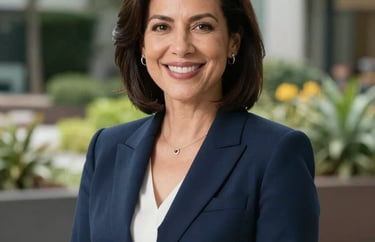 A professional portrait of a woman in her 40s wearing a smart navy blue blazer, smiling warmly in an office setting with a blurred North American / US community garden background.