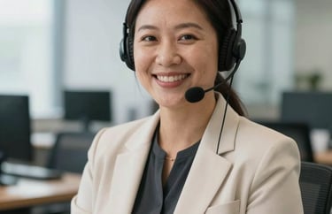 A professional portrait of a North American support staff member smiling warmly in a light-filled office, wearing business attire in ivory and charcoal tones.