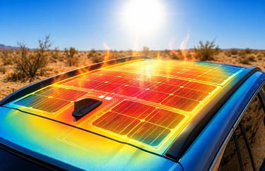 Painéis solares no teto de carro com calor excessivo sob sol intenso