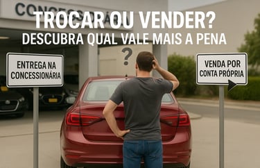 Homem visto de costas, parado entre dois cartazes: à esquerda, uma placa aponta para “ENTREGA NA CON