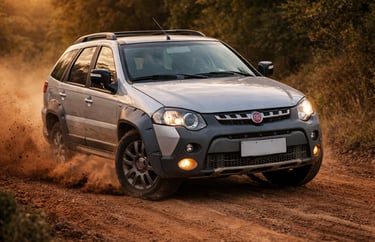 Fiat Weekend Adventure em estrada de terra levantando poeira em curva