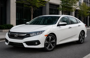 Honda Civic G10 branco de quatro portas em cenário urbano moderno