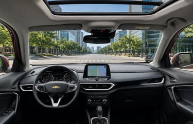 Interior da Tracker Premier 2025 com teto solar panorâmico e central multimídia