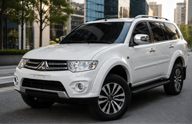 Mitsubishi Pajero Dakar branca estacionada em cenário urbano com vista frontal lateral