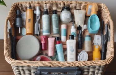 Pet grooming supplies in a wicker basket