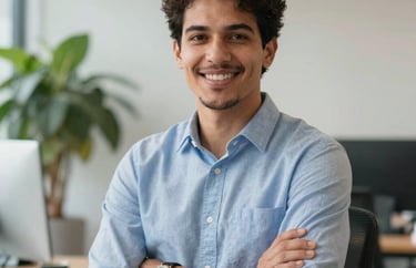 A professional portrait of a male Brazilian data analyst and HR consultant in a clean, modern, well-lit office with plants. Sharp focus, friendly and authoritative expression.