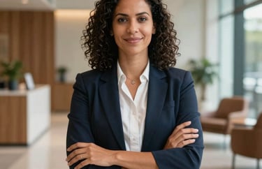 A corporate portrait of a welcoming Brazilian mental health professional standing inside a modern corporate office lobby. Confident look, soft natural light, warm and professional vibe.