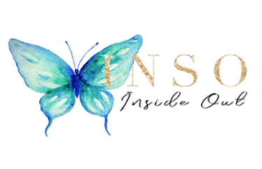 teal butterfly with gold INSO and Inside Out in black letters