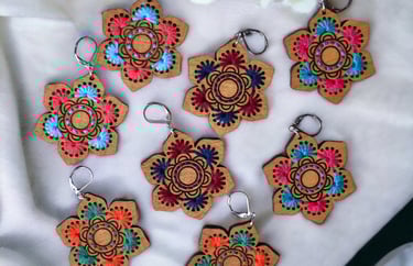 Handgenähte Ohrringe aus Holz und Garn – filigrane, liebevoll gefertigte Boho‑Unikate