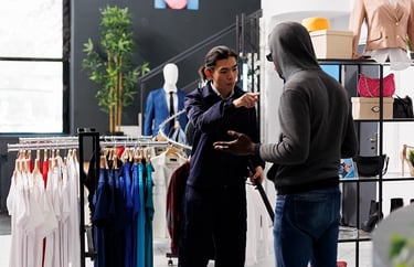 Retail security personnel confronting a suspected shoplifter, highlighting the importance of AI-powered surveillance cameras