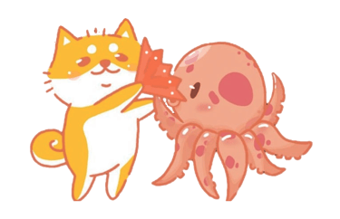 Mascotte de la Japan (Chien shiba) avec celle de l'association Kakemono (Poulpe)