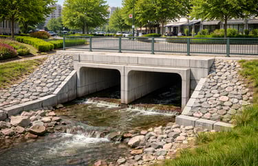 Caixa de passagem de drenagem urbana em concreto instalada em canal de águas pluviais com estrutura