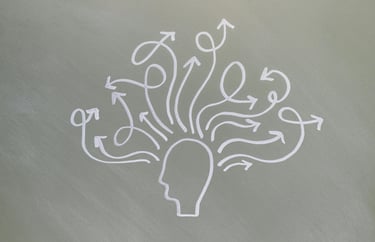 Getekend hoofd met lijnen en stromen, symboliseert keuzes, opties en overzicht bij beleid.