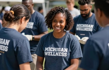 A diverse group of volunteers working together at a Michigan wellness event, wearing branded t-shirts. Sunny day, community vibe.