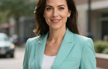 Professional portrait of a female outreach coordinator in a bright North American / Michigan US setting. She is wearing a soft teal blazer.