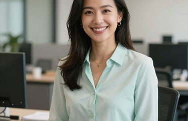 Professional photography of a friendly woman in a North American / Michigan US office setting, wearing professional casual attire, smiling at the camera. Soft Mint and Off-white palette.