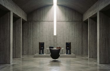 Empty brutalist listening sanctuary with single light shaft, symmetrical, diffused overcast morning light, 35mm film
