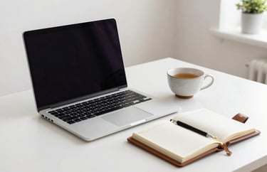 A high-end, clean British home office desk featuring a silver laptop, a ceramic cup of tea, and an organized leather-bound planner. The setting is bright and professional with off-white walls and a hint of a potted plant in the background, conveying efficiency and modern remote work.