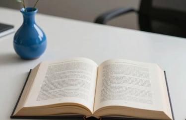 A symbolic image of an open book on a clean white desk next to a small blue vase, representing knowledge and growth in a Hispanic professional setting.